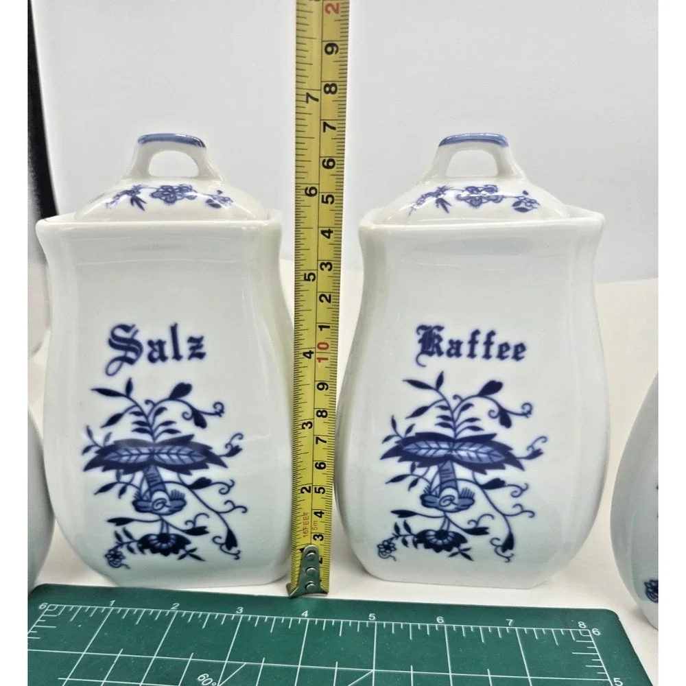 German Vtg Blue Onion Canister Set Of 4 Ceramic Allerlei Mehl Salz Zucker